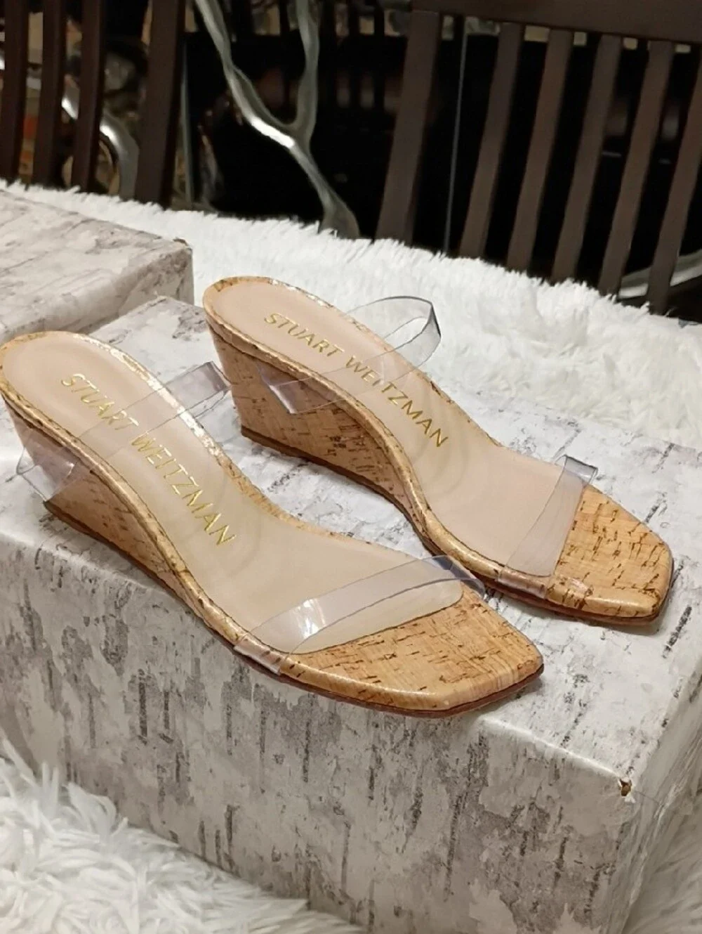 Stuart Weitzman Cork Wedge Sandals with Clear Straps - Natural & Clear - Picture 4 of 12